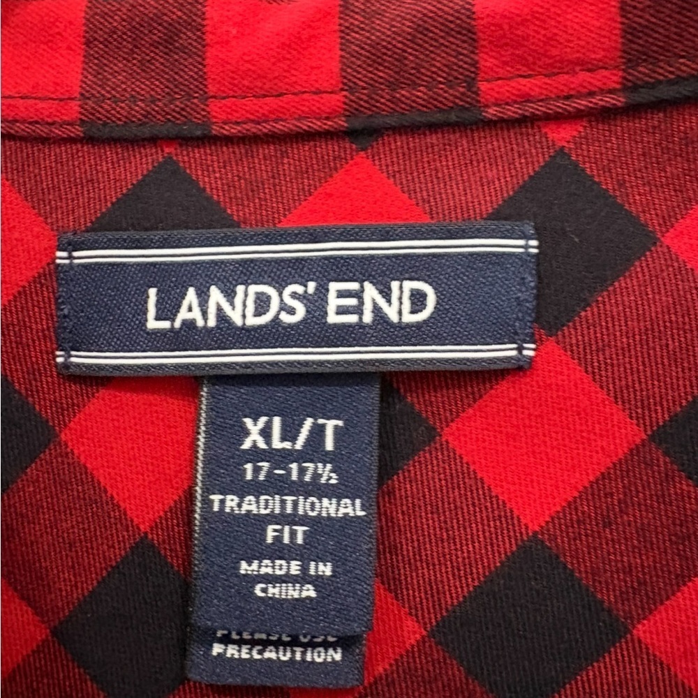 Land's End Men's Sz XL Tall Traditional Fit Red Black Plaid Flannel Button Up - Picture 7 of 11